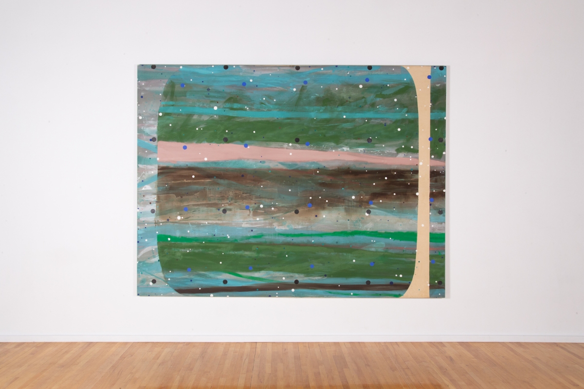 A painting of small dots and green, pink, and brown horizontal stripes. The region of stripes is partly framed by two vertical areas suggesting the edges of a TV screen. The work hangs on a white wall.
